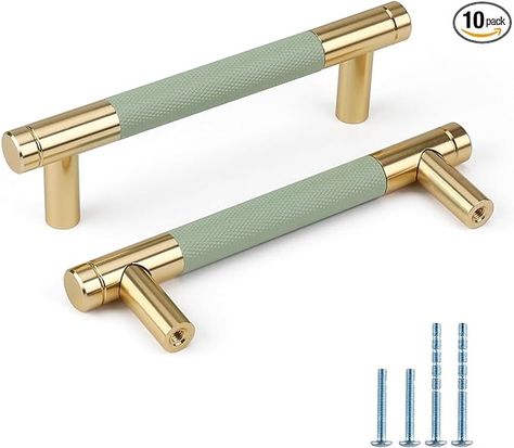 Rergy 10 Pack Green Cabinet Pulls 3-3/4Inch(96mm) Knurled Cabinet Handles Gold Kitchen Cabinet Handles Green&Gold Cabinet Hardware for Cupboard Drawer Handles Dresser Pulls - Amazon.com Sage Green Kitchen Gold Hardware, Cabinet Handles Gold, Magical Kitchen, Gold Cabinet Hardware, Green Cabinet, Gold Cabinet Pulls, Gold Cabinet, Kitchen Cupboard Handles, Furniture Fittings