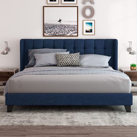 AmazonSmile: Einfach King Size Upholstered Wingback Platform Bed Frame with Headboard/Mattress Foundation with Wood Slat Support and Square Stitched Headboard/No Box Spring Needed/Easy Assembly, Dark Blue : Home & Kitchen California King Platform Bed, Queen Platform Bed Frame, Velvet Upholstered Bed, Queen Size Platform Bed, Full Platform Bed, Modern Platform Bed, King Platform Bed, Queen Size Bed Frames, Wood Platform Bed