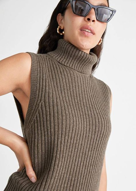 I Tried On & Other Stories' New Arrivals—Here's My Haul | Who What Wear Turtleneck Sweater Vest, Sleeveless Turtleneck Sweaters, Cable Knit Vest, Wool Turtleneck Sweater, Brown Vest, Trouser Outfits, Ribbed Turtleneck Sweater, Jacquard Sweater, Sleeveless Turtleneck