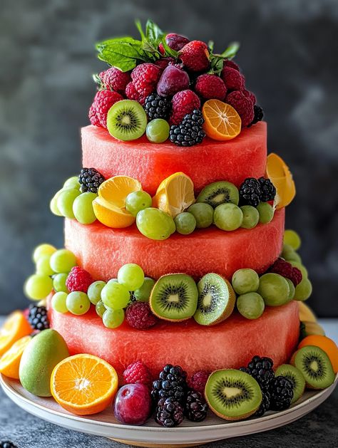 Fresh Fruit Three-Tiered Cake 🍉🍓🍇  ⬇️⬇️⬇️ 𝗜𝗻𝗴𝗿𝗲𝗱𝗶𝗲𝗻𝘁𝘀: 1 large watermelon 🍉 2 oranges, sliced 🍊 2 lemons, sliced 🍋 2 limes, sliced 🍈 3 kiwis, sliced 🥝 1 cup green grapes 🍇 1 cup red grapes 🍇 1 cup strawberries, halved 🍓 1 cup blackberries 🍇 1 cup blueberries 🫐 1 cup raspberries 🍇 1 cup cherries 🍒 1 cup melon balls (cantaloupe, honeydew) 🍈 Toothpicks or small wooden skewers Decorative platter or base Asian Fruit Platter, Fruit Themed Wedding, Watermelon Cakes, Melon Balls, Fruit Cake Design, Fruit Wedding Cake, Melon Cake, Salad Cake, Aesthetic Fruit