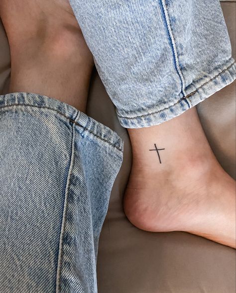 Cross Tattoo On Ankle, Ankle Tattoo Cross, Back Of Ankle Tattoo, He Walks With Me, Tattoo On Ankle, Small Cross Tattoos, Cute Ankle Tattoos, Tiny Wrist Tattoos, M Tattoos