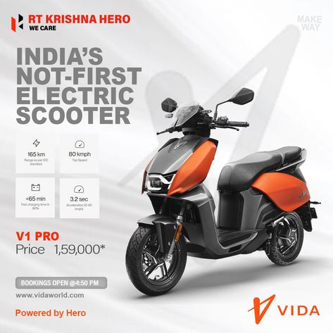 Vida V1 electric scooter launched! Bookings Start Today at evening @4:50 PM. 👉 Top speed 80kmph 👉 Fast charging : 1.2km/min 👉 Range : 165km (Pro) / 143km (Plus) 👉 0-40kmph Acceleration : 3.2s (Pro) / 3.4s (Plus) 👉 7" Touch screen 👉 Cruise control 👉 Two way throttle 👉 Keyless control 👉 SOS Alert The Plus is priced at Rs 1.45 lakh, and the Pro at Rs 1.59 lakh (ex-showroom). @heromotocorp @vidadotworld #LaunchAlert #VidaV1 #hero #vida #herovida #electric #escooter #scooter #EV #instad Folder Graphic Design, Electric Scooter Design, Motorcycle Artwork, Desain Ui, Scooter Design, Bike Poster, South Indian Food, Poster Ads, Doodle Sketch