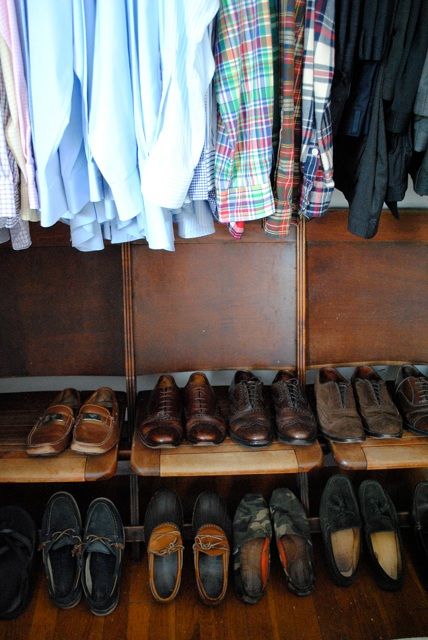 awesome idea from apartmenttherapy.com. and, i know him! :) Chair Shelf, Americana House, Organizing Shoes, Men's Closet, Storage Solutions Closet, Classy Closets, Cedar Closet, Novel Ideas, Shoe Storage Solutions