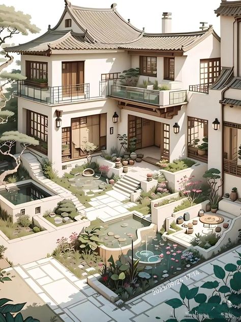 Japanese Cottage House, Japanese Style Houses, Japanese Style Mansion, Japanese Luxury House, Sims 4 Old Money House, Tokyo Houses, Japanese House Aesthetic, Japanese Exterior Design, Asian Style House