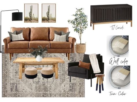 Organic Modern Living Room Furniture, Modern Living Room Mood Board, Boho Modern Living Room, Leather Couch Living Room Decor, Brown Leather Couch Living Room, Living Room Mood Board, Tan Living Room, Room Mood Board, Moody Living Room