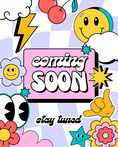 Colorful Playful Illustrative Retro Groovy Coming Soon Instagram Post Canva Template Retro Instagram Template, Coming Soon Poster Instagram, Coming Soon Instagram Post Design, Coming Soon Post Ideas, Coming Soon Illustration, Canva Retro, Coming Soon Poster, Coming Soon Instagram, Groovy Aesthetic