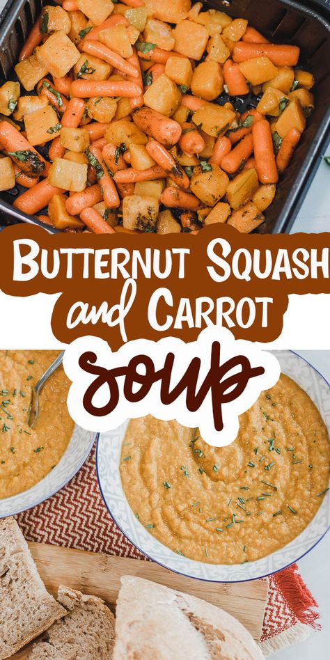 a delicious butternut squash and carrot soup recipe. This soup is easy to make and full of savory spices that make this squash soup hard to resist. a perfect bowl of fall flavor. via @lifesewsavory Butternut Squash And Carrot Soup, Squash And Carrot Soup, Soup Butternut Squash, Thai Butternut Squash Soup, Roasted Squash Soup, Garden Vegetable Soup, Butternut Soup, Bread Soup, Butternut Squash Recipes Soup