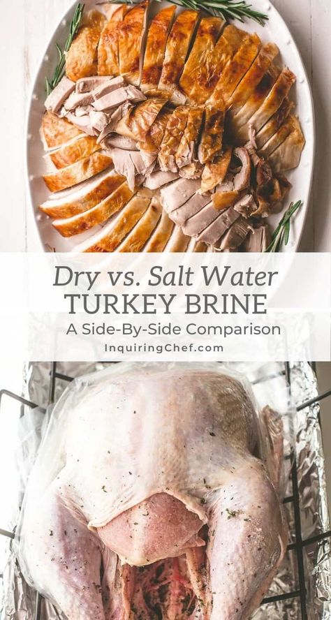 Brining a turkey can help to ensure tender, juicy meat that is full of flavor. But have you ever wondered what is better - unbrined, dry brined, or a wet / salt water brined turkey? We did a side-by-side comparison. Turkey Brine Recipes Easy Pioneer Woman, Turkey Brine Pioneer Woman, Turkey Brines, Easy Turkey Brine, Brine Turkey, Brine Recipes, Dry Brine Turkey, Dry Brine, Turkey Brine Recipes