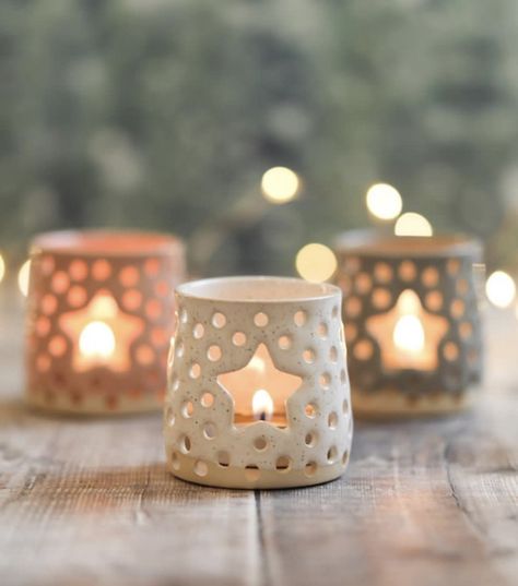 Holiday Pottery, Clay Candle Holders, Casual Glamour, Ceramic Christmas Decorations, Pottery Candle Holder, Clay Candle, Beginner Pottery, Diy Air Dry Clay, Christmas Lantern