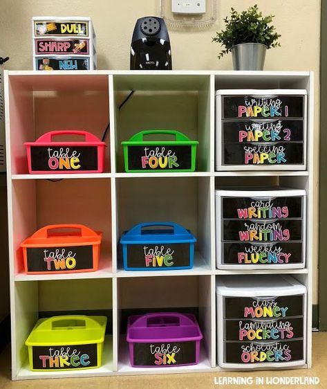 Label Tables In Classroom, Supplies Organization Classroom, Class Table Supplies, Classroom Table Group Supplies, Cubby Ideas For Classroom, Kindergarten Classroom Tables, Storage For Tables In Classroom, Classroom Tables Organization, Table Labels Classroom