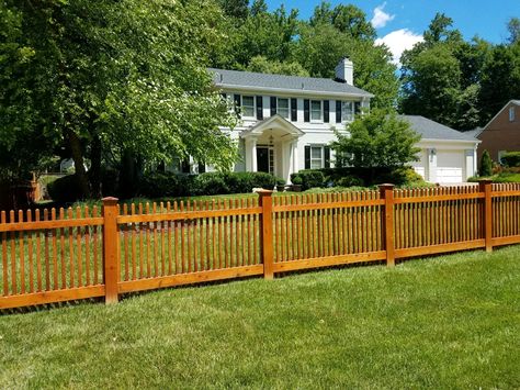 Stained wood Poolesville Picket Fence Stained Picket Fence, Stockade Fence, Pool Fences, Wood Picket Fence, Diy Backyard Fence, Cedar Fence Pickets, Grassy Hill, Picket Fence Panels, Fence Options