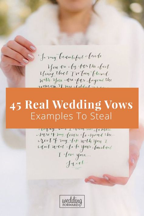 45 Real Wedding Vows Examples To Steal ♥ Wedding vows? This can be tough. We have some vows ideas that may help. Let some of these real wedding vow examples give you some inspiration! #wedding #bride #weddingforward #WeddingVows Wedding Vow Examples, Sample Wedding Vows, Vows Examples, Real Wedding Vows, Vows To Husband, Unique Wedding Vows, Writing Wedding Vows, Vows Ideas, First Wedding Night