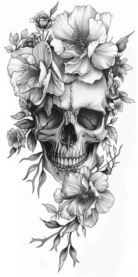 Skull And Rose Tattoo Sleeve For Women, Skull Stomach Tattoos For Women, Skull Sleeve Women, Skull Designs Tattoo, Women Skull Tattoo Sleeve, Skeleton And Flowers Tattoo Sleeve, Skull With Lotus Flower Tattoo, Cherry Blossom And Skull Tattoo, Skulls And Flowers Drawing