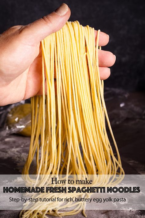 This recipe for homemade spaghetti makes noodles with a rich, buttery egg yolk flavor so good you may never purchase dried pasta again! Egg Yolk Pasta, Homemade Spaghetti Noodles, Vegan Pasta Recipes Homemade, Spaghetti Pasta Recipe, Homemade Pasta Noodles, How To Make Noodles, Noodle Recipes Homemade, Make Homemade Pasta, Dried Pasta