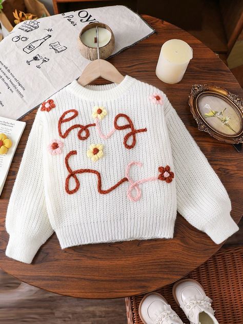 Young Girls Embroidered "Big Sis" Floral  Textured Lantern Sleeve Crew Neck Sweater Beige Casual  Long Sleeve Knitwear Animal,Cartoon,Colorblock,Floral,Letter Pullovers Slight Stretch  Young Girls Clothing, size features are:Bust: ,Length: ,Sleeve Length: Embroidery Sweater, Big Sis, Animal Cartoon, Floral Letters, Embroidered Sweater, Beige Sweater, Lantern Sleeve, Girls Sweaters, Lantern Sleeves