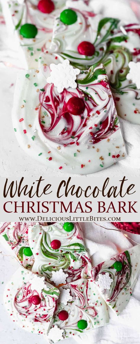 White Chocolate Christmas Bark is an easy recipe for a fun holiday treat. This recipe is made with white chocolate, red and green candy melts, candy, and festive sprinkles. It’s a great recipe to make with kids or give as gifts. | #christmas #christmascandy #candybark #whitechocolatebark #christmasbark White Chocolate Christmas, Candy Bark Recipes, Christmas Bark Recipes, Christmas Bakes, Bark Recipes, Christmas Candy Easy, Christmas Bark, Fun Holiday Treats, Christmas Cookies Recipes