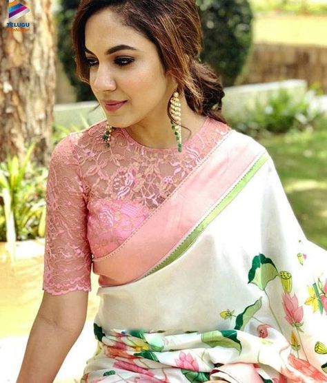 7 Blouses To Style With Chiffon Georgette Saree’s In Summers – Fashion in India – Threads Net Saree Blouse Designs, Ritu Varma, Lace Blouse Design, Netted Blouse Designs, Saree Blouse Neck Designs, Lace Saree, Net Blouses, Wedding Blouse Designs, Sari Blouse Designs