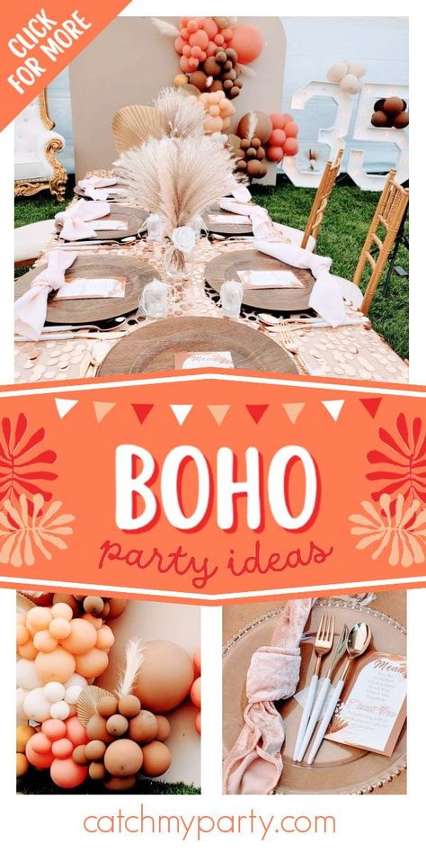 Don't miss this gorgeous boho birthday party! The table settings are fabulous! See more party ideas and share yours at CatchMyParty.com Boho Chic 40th Birthday Party, Boho Table Setting Birthday, Boho 40th Birthday Cake, Boho 21st Birthday Party Ideas, Boho Food Ideas, Boho 40th Birthday Party, Boho Centerpieces Birthday, Boho Birthday Ideas, Bohemian Birthday Party Decoration