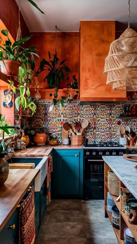 #greenkitchencabinets #kitchendesign #homedecor #interiordesign #naturalcolors #homeimprovement #cabinets #kitchenremodel #boredpanda #sustainableliving Boho Kitchen Design, Modern Bohemian Kitchen, Boho Style Kitchen, Colorful Tiles, Boho Kitchens, Kitchen Layouts, Bohemian Kitchen, Green Kitchen Cabinets, Eclectic Kitchen