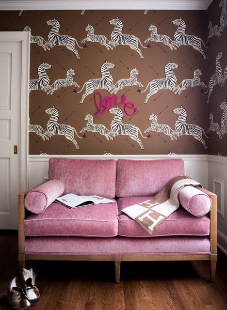 Scalamandre Zebra Nursery - Traditional - Nursery - Other - by E.V.M. BESPOKE DESIGN | Houzz UK Americana Nursery, Feminine Nursery, Zebra Nursery, Zebra Wallpaper, Traditional Nursery, Classic Nursery, Dark Hardwood, Hardwood Floors Dark, Brown Floors