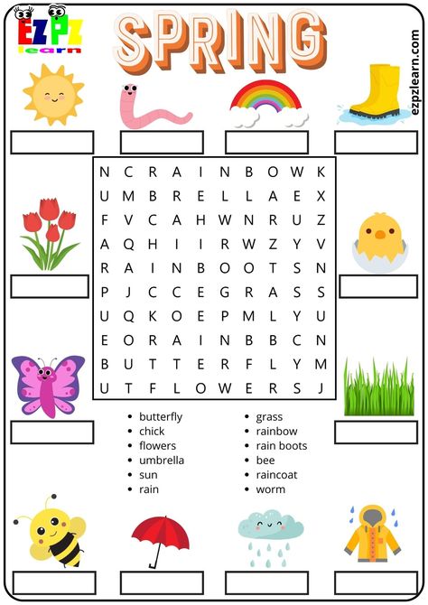 Spring Season Vocabulary Word Search and Match the Words Activity for Kids and English Language Learners - Ezpzlearn.com Season Worksheet, Holiday Word Search, Spring Worksheets, Spring Word Search, Spring Vocabulary, Seasons Worksheets, Spring Worksheet, 19 Days Manga Español, Spring Words