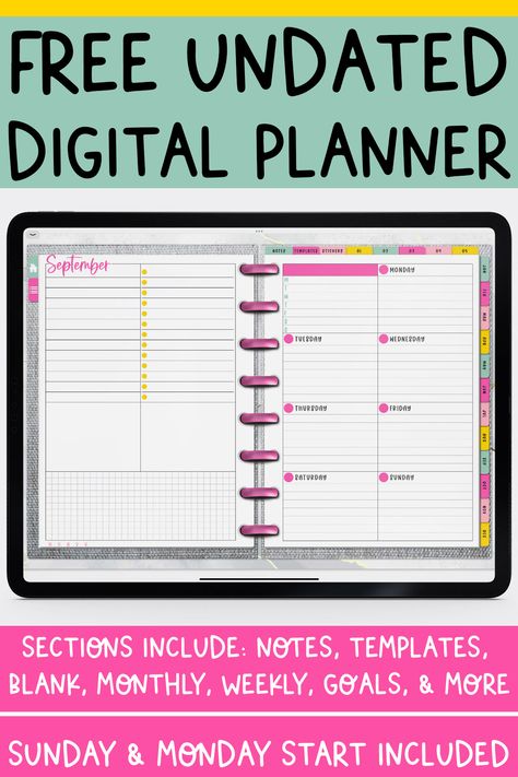 Grab this free digital undated planner to keep yourself organized this year. It's undated so you can use it at any time since it is undated. It has tons of extras including page templates, goal section, habit tracker, notes sections, blank sticker section, and so much more. It's perfect to use in the Goodnotes App, Notability, Zoom Notes, and more. Goodnotes Schedule Template Free, Pdf Digital Planner Free, Collanote Planner Free, Free Digital Planner Samsung Notes, Free Undated Digital Planner, Onenote Templates Free, Printable Templates Aesthetic, Good Notes Planner Template Free, Free Notes Template