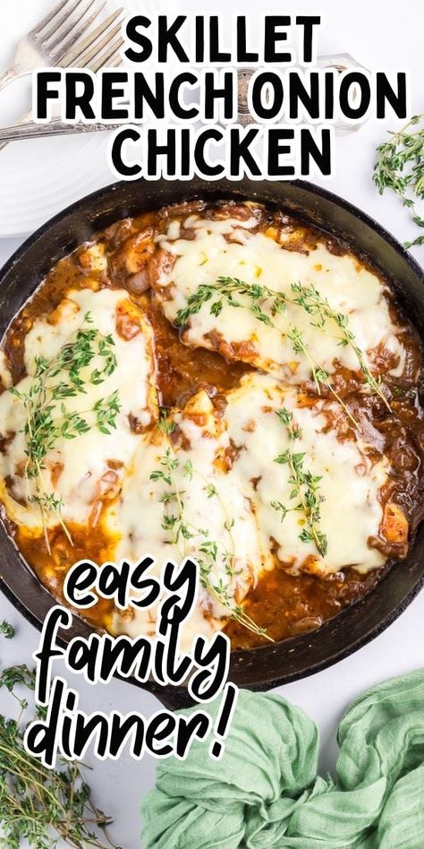 French onion chicken in skillet with fresh thyme. Cast Iron Chicken, Easy Family Dinner, Creamy Lemon Chicken, French Onion Chicken, Iron Skillet Recipes, Easy Chicken Breast, Skillet Recipes, Cast Iron Skillet Recipes, Onion Chicken