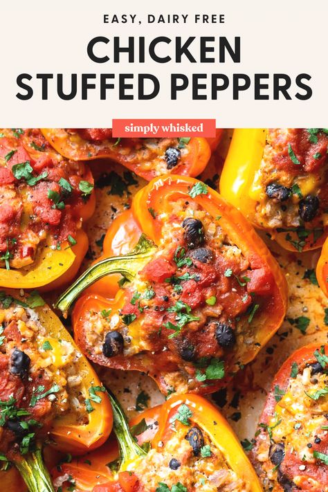 This healthy recipe for chicken stuffed peppers is super easy and dairy free! They’re made with ground chicken, black beans, rice, seasoned with taco seasoning for a spicy, Mexican twist on a classic family meal. Ground Chicken Stuffed Peppers Healthy, Stuffed Peppers With Chicken And Rice, Stuffed Peppers With Ground Chicken, Ground Chicken Stuffed Peppers, Southwest Stuffed Peppers, Classic Family Meals, Baked Stuffed Pork Chops, Cooking Stuffed Peppers, Ground Chicken Tacos