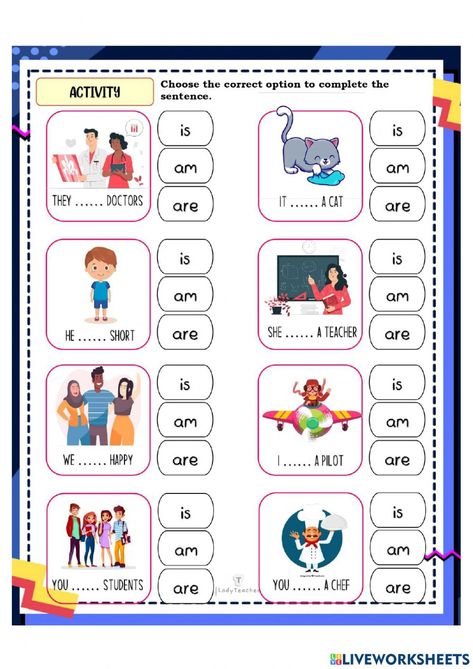 Verb to be interactive worksheet for beginners. You can do the exercises online or download the worksheet as pdf. Phonetics English, Verb To Have, Verbo To Be, Verb To Be, English Grammar Exercises, English Grammar For Kids, English Worksheets For Kindergarten, Grammar For Kids, English Activities For Kids