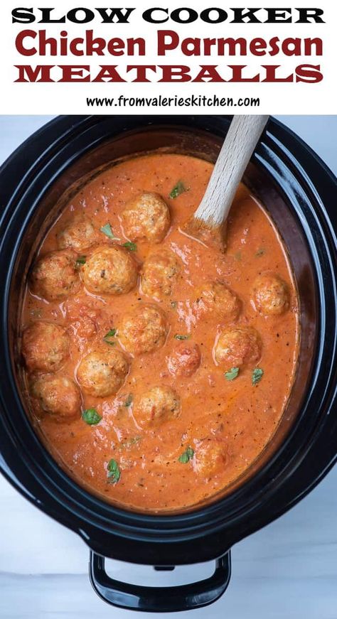 These versatile Slow Cooker Chicken Parmesan Meatballs cook up plump and deliciously tender in a flavorful tomato cream sauce. A unique method and a few tips and tricks ensure a foolproof result. Slow Cooker Chicken Parmesan, Chicken Parmesan Meatballs, Parmesan Meatballs, Food Types, Crockpot Dishes, Chicken Meatballs, Food Logo, Crockpot Recipes Slow Cooker, English Food