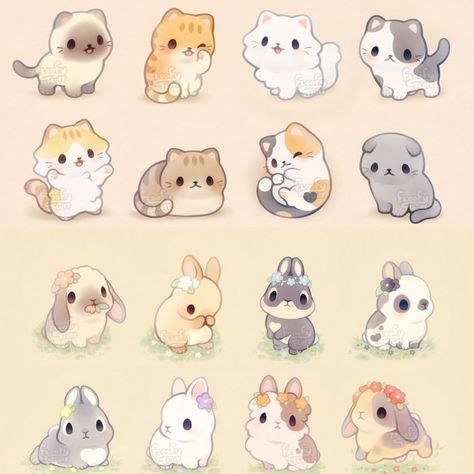 Cute Art Styles Animals, Kawaii Pets Drawing, Cute Animal Friends Drawing, Chibi Kawaii Animals, Chibi Animal Art, Cute Animal Drawings Kawaii Anime Art, Cute Kawaii Cat Drawings, Cute Cat Drawings Easy Kawaii, Kawaii Animal Art