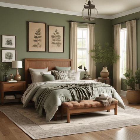 🌿🛌 Snug bedroom vibe! Wooden bed, sage walls, mix-match plaid & solid bedding. Comfy bench, cool wall lamps, greenery, rustic vase, art up top, chill curtains, & a laid-back rug. 🖼️💡🌱✨
#odastudioAI #odaAIstudio #odastudio

#bedroomdecor
#bedroomdesign
#bedroomideas
#bedroominspiration
#cozybedroom
#masterbedroom
#homedecor
#interiordesign
#bedroomstyling
#modernbedroom Sage Green And Brown Bedroom, Bedding Comfy, Sage Walls, Dream Architecture, Solid Bedding, Sage Bedroom, Comfy Bench, Bathroom Upstairs, Relaxing Decor