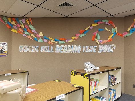 Bulletboard Ideas, Volunteer Board, School Library Decor, Reading Display, Spring Lunch, School Library Displays, Middle School Libraries, Library Themes, Library Book Displays