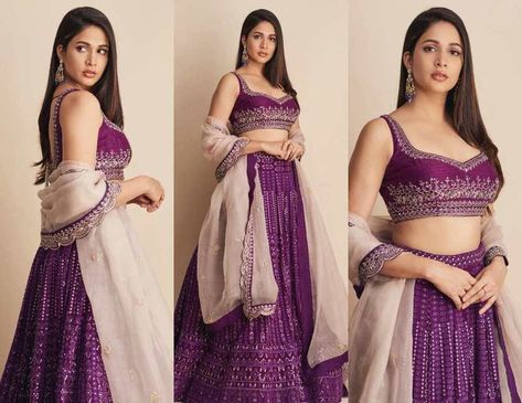 Lavanya Tripathi looks ravishing in a purple chikankari lehenga from Issa Designer Studio! Designer Blouses For Sarees, Pattu Blouse Designs, Saree Blouse Embroidery, Blouses For Sarees, Bridal Saree Blouse, Shaadi Outfits, Maggam Designs, Purple Lehenga, Chikankari Lehenga