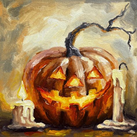 Pumpkin Oil Painting Halloween Pumpkin Impasto Original Art Candles Painting Food Original Fine Artwork Halloween Decor Still Life Painting Gift 6x6 THIS PAINTING IS MADE TO ORDER. The painting from picture is already SOLD. Your painting will be created very similar in same color, style, and size,but will not be the exact same painting but very similar. After you order, I will start to create your painting.For painting it will take about 3-4 days. For the painting to dry will take about 4-6 days Pumpkin And Ghost Painting, Pumpkins Oil Painting, Halloween Fall Paintings, Autumn Still Life Painting, Fall Halloween Painting Ideas, Pumpkin Oil Painting, Halloween Oil Pastel Art, Fall Oil Pastel Art, Halloween Oil Painting