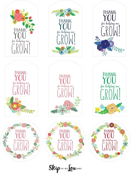 assorted floral thank you for helping me grow printable gift tags on one page Kaktus Dan Sukulen, Appreciation Gifts Diy, Gratis Printables, Teacher Gift Tags, Appreciation Printable, Valentines Gift Tags, Kids Rewards, Free Printable Tags, Free Printable Gifts