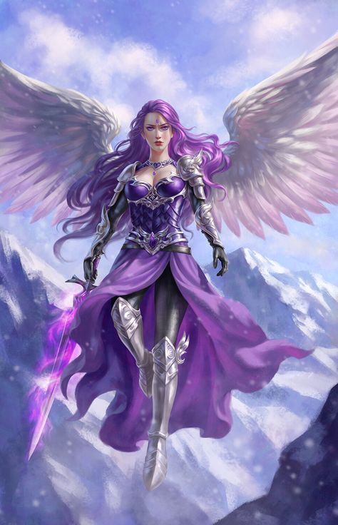 Angel Warrior, Warrior Girl, Fantasy Warrior, Arte Fantasy, Angel Art, Beautiful Fantasy Art, Fantasy Artwork, Purple Hair, Dark Fantasy Art