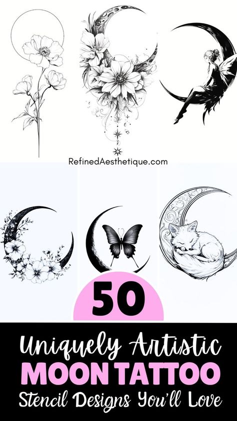 Explore these 50 moon tattoo stencil designs for women that are both timeless and captivating. Whether you want a simple crescent on your thigh, back, or chest, these designs are perfect for adding some celestial magic to your body art. This collection includes both minimalist moon tattoo ideas and more intricate stencils for the arm, wrist, and half sleeves. For a pop of color or a more classic design, you’ll find the perfect moon tattoo stencil to express your style. Minimalist Moon Tattoo, Moon Tattoo Stencil, Unique Moon Tattoo, Moon Tattoo Wrist, Tattoo Stencil Designs, Chest Tattoo Stencils, Moon Tattoo Ideas, Crescent Moon Tattoo, Celestial Magic