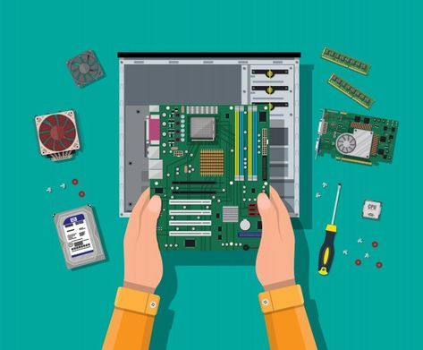 Assembling pc. personal computer hardwar... | Premium Vector #Freepik #vector #technology #computer #network #board Free School Borders, Computer Assembly, Dell Desktop, Computer Repair Services, Hot Wheels Garage, Computer Service, Refurbished Laptops, Pc Repair, Laptop Parts