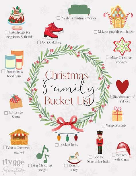 "Make the most of the holiday season with this Family Christmas Bucket List! The printable 8.5\"x11\" list is perfect for hanging on the fridge for the whole family to see and get excited for holiday fun. *This is a digital download, no physical item will be sent." Toddler Christmas Bucket List, Family Christmas Bucket List, Christmas Bucket List For Toddlers, Christmas Family Bucket List, Cute Stuff For Christmas List, Family Christmas Traditions To Start, Small Family Christmas Ideas, Christmas Bucket List Family, Christmas Digital Products