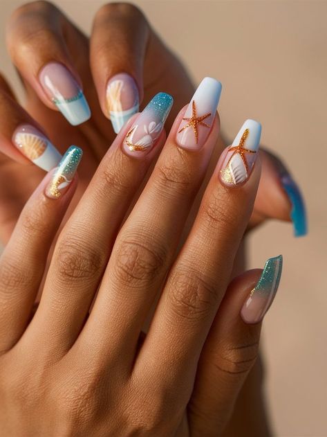 Beach Nail Designs Coffin, Beach Design Nails, Nails Cruise, Coastal Nails, Sea Nail Art, Vacation Nails Beach, Cruise Nails, Beach Nail Designs, Beachy Nails