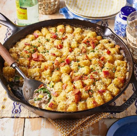 breakfast casserole recipes like cowboy casserole Cowboy Casserole Recipe, Cowboy Casserole, Cooking Onions, Ground Sirloin, Pioneer Woman Recipes, Tater Tots, Beef Casserole, One Pan Meals, Creamed Mushrooms