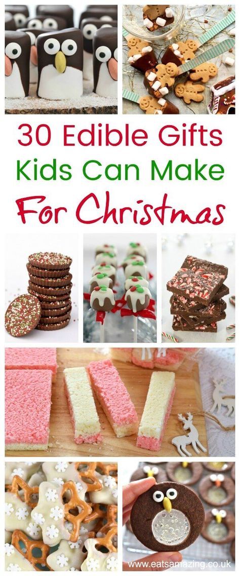 30 Fun and Easy Edible Gifts kids can make for Christmas - perfect for family friends and teacher gifts - Eats Amazing UK #ChristmasFood #christmasgifts #christmasgiftideas #ediblegifts #giftideas #diygifts #teachergifts #foodgift #treats #cookingwithkids Diy Christmas Treats For Kids, Edible Christmas Gifts Homemade, Xmas Food Gifts, Mini Christmas Puddings, Christmas Gifts Homemade, Gifts Kids Can Make, Diy Christmas Treats, Mini Christmas Cakes, Edible Christmas Gifts