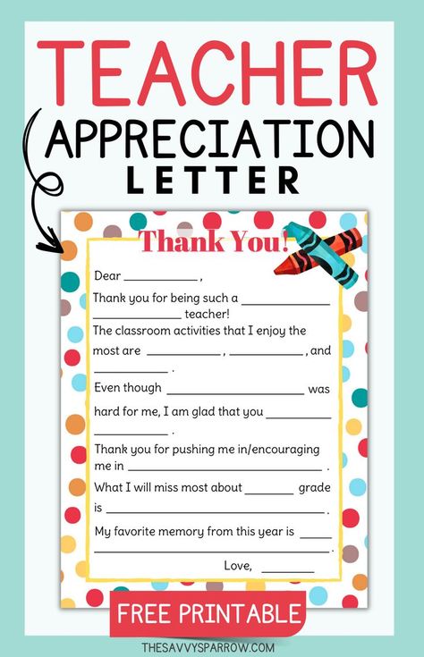 Say thank you to a teacher with a thoughtful and personal appreciation letter. Make your end of year teacher gifts even more special by including a Teacher Appreciation Letter! Grab a FREE Printable Fill In The Blanks Template and have your child use this free printable teacher letter template to write his or her teacher a note of thanks. Teacher Thank You Letter, Cheap Teacher Appreciation Gifts, Letter Free Printable, Teacher Appreciation Letter, Kids School Gifts, Teacher Letter, Printable Teacher Appreciation, Appreciation Letter, Teacher End Of Year