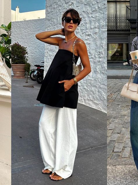 Street Style: Get The Look | SheerLuxe Paris Street Style Summer, Off White Bag, White Linen Trousers, Toe Thong Sandals, Claw Earrings, Black Mules, Black Aviator Sunglasses, Black Aviators, Pinstripe Suit