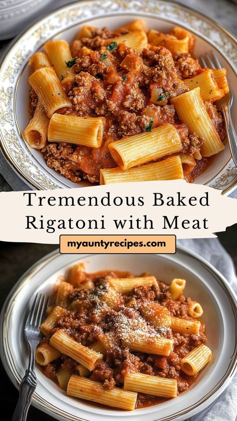 Satisfy your cravings with this Tremendous Baked Rigatoni with Meat Sauce, a comforting Italian dish that’s perfect for family dinners. Featuring al dente rigatoni pasta, savory ground beef, and a rich tomato sauce, this casserole is topped with melted mozzarella for a cheesy finish. It’s an easy-to-make dish that’s perfect for feeding a crowd or meal prepping for the week. Rigatoni Baked Pasta, Italian Main Dishes For A Crowd, Crockpot Rigatoni, Baked Rigatoni With Ground Beef, Rigatoni And Meatballs, Rigatoni With Meat Sauce, Pasta Ground Beef Recipes, Pasta With Meat Sauce, Baked Rigatoni