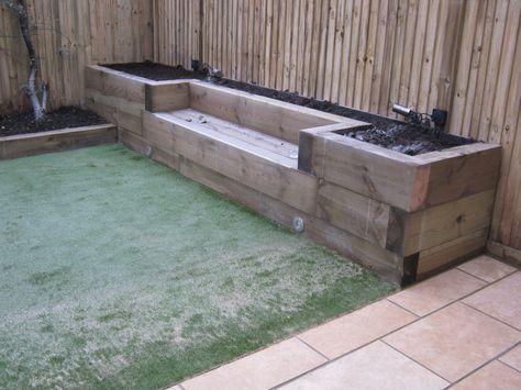 Railway Sleepers Garden, Sleepers In Garden, Raised Planters, Planter Bench, Railway Sleepers, Raised Flower Beds, Back Garden Design, Outdoor Gardens Design, Small Garden Design