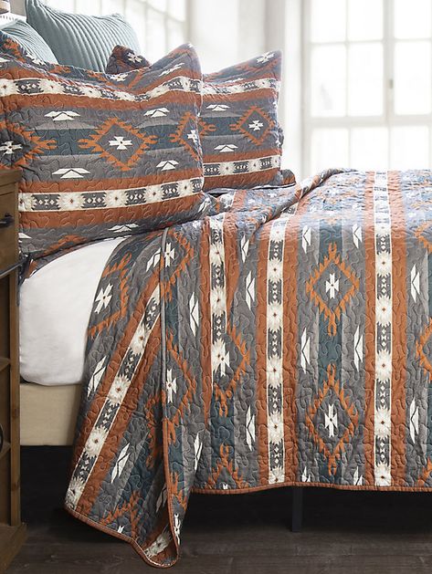 Rest up in classic Western fashion with our Wrangler® Checotah Stripe King Bedding Set. Crafted for softness and comfort, it comes with our signature Checotah pattern that’s perfect for creating an authentic southwestern look and feel in any bedroom. This king-sized bedding set includes one comforter, one pillow, and two matching shams. Includes king quilt (110" x 96"), 2 pillow shams (20" x 36"), and a quilted tote back. Aztec Comforter Sets, King Bed Set Ideas, Bedroom Inspirations Western, Pendleton Bedroom Ideas, Cute Country Room Ideas, Rv Bedroom Decor, Black And Terracotta Bedroom, Black Western Bedroom, Western Bedroom Decor Rustic