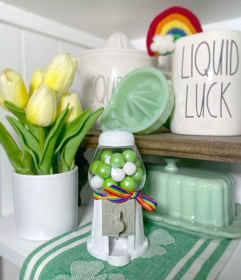 Seasonal Coffee Bar, Mini Gumball Machine, Gumball Machine Craft, Rainbow Ribbon, Wooden Bead Garland, Saint Patties, Irish Coffee, Gumball Machine, St Paddys Day