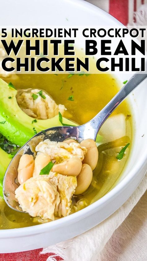 This crockpot 5-ingredient white bean chicken chili is the ultimate comfort food for a chilly evening! It's easy to make and packed with flavor, thanks to the combination of tender chicken, creamy white beans, and a blend of spices. Whether you're looking for a quick weeknight meal or a crowd-pleasing party dish, this delicious chili is sure to satisfy. So why not give it a try and warm up with a bowl of cozy goodness today! White Bean Chili Crockpot, Chili Beans Crockpot, Easy White Bean Chicken Chili, White Bean Chicken Chili Slow Cooker, White Bean Chicken Chili Crockpot, Bean Soup Crockpot, Crockpot Chicken Chili Recipes, White Bean Chicken Chili Recipe, White Bean Chili Recipe